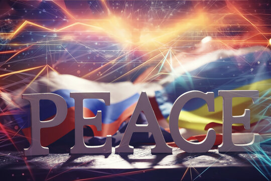Double exposure Peace Word Written In Wooden Letters and abstract technology background. International conflict, American hegemony, War.