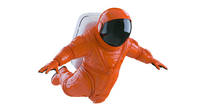 Orange astronaut suit with black helmet floating, isolated on transparent background