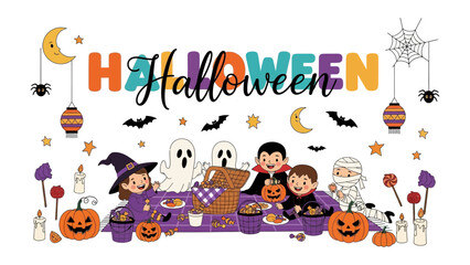 Fototapeta premium Halloween Party Scene: A festive and whimsical illustration depicts children dressed in Halloween costumes enjoying a spooky-themed party around a table laden with treats and decorations.