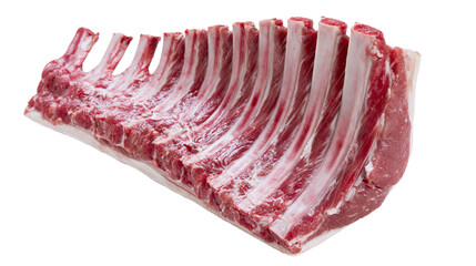 Raw rack of lamb with visible bones and fat, isolated on transparent background © Elena