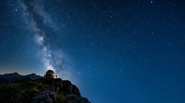Starry night sky with milky way above mountain observatory