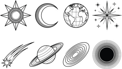 Detailed line art astronomy icons set with sun crescent moon earth globe star planet saturn galaxy and orbit illustrations. © MRSTOCK LAB