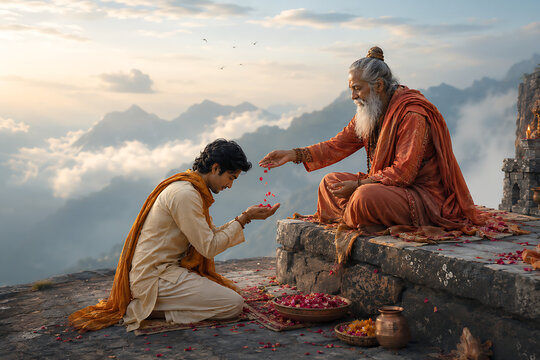 Guru purnima flower blessing by elder guru to devoted disciple on mountain shrine during sacred hindu relegious festival ceremony above clouds valley