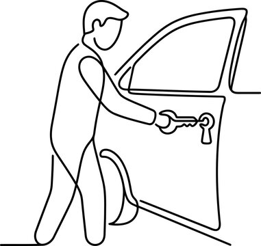 Continuous line drawing of a locksmith opening a car door with a key.