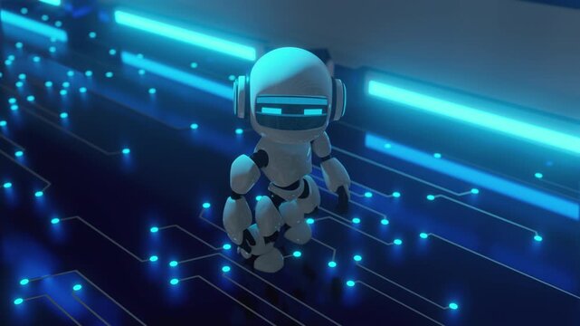 4k 3d animation loop of a small AI character moving forward on a glowing digital circuit floor, creative background for sci-fi concepts.
Cute futuristic robot walking through a spaceship corridor. 