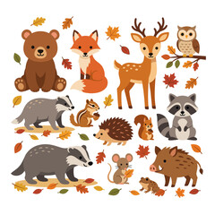 Fototapeta premium Autumn forest animals vector illustration set