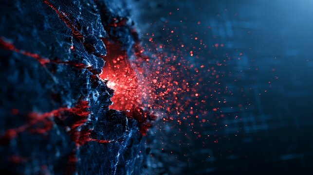 Futuristic cyber defense wall cracking from hacker intrusion, red particle alarm effects