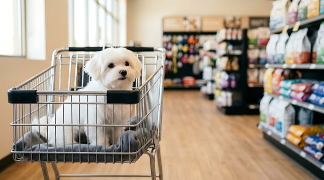 Small white dog sitting in a shopping cart at a pet store