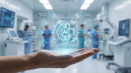 Fototapeta premium Hand holding artificial intelligence medical hologram interface in hospital room. Innovative AI in healthcare, diagnostic analytics, predictive medicine and machine learning