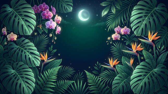 Tropical night background with moon, monstera leaves, orchids, and bird of paradise flowers exotic jungle foliage illustration with glowing fireflies and starry sky