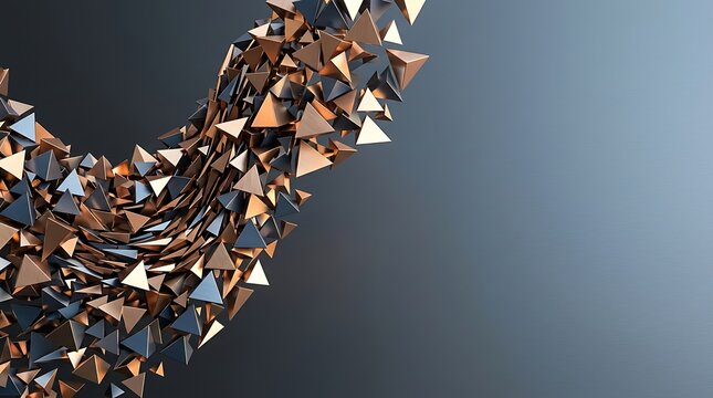 Abstract flow of copper and gray 3d triangles on a dark background