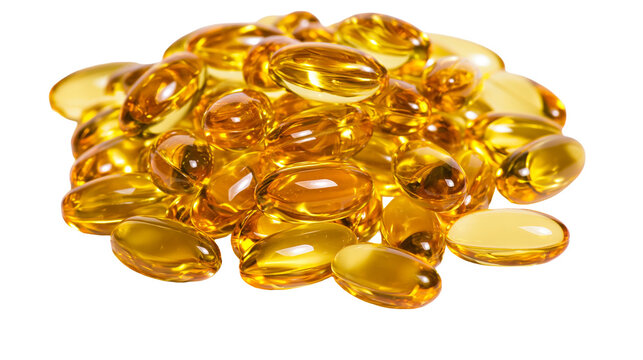 Pile of golden oval softgel capsules, isolated on transparent background