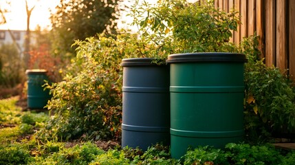 Obraz premium Earth friendly rainwater collection barrels are bathed in warm sunlight conveying a hopeful and sustainable mood