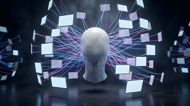 Abstract digital addiction concept with dopamine overload, glowing screens, fragmented attention, anxiety and cyber fatigue in surreal 3D style. AI Generated.