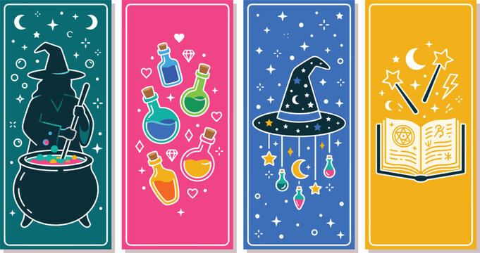 Magic witch bookmarks vector set, mystical wizard banners, colorful fantasy card designs isolated on White Background