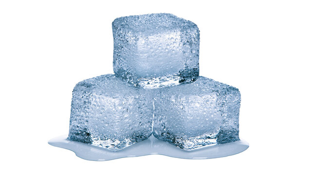 Three textured ice cubes melting into water, isolated on transparent background