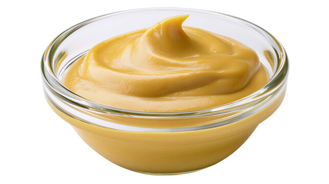 Yellow mustard sauce swirled in a clear glass bowl, isolated on transparent background
