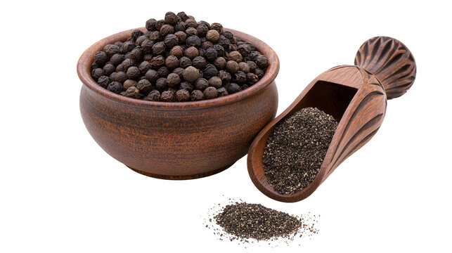 Whole black peppercorns in a clay bowl and ground pepper in a wooden scoop, isolated on transparent background