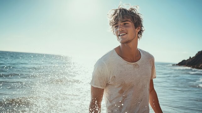 Young man enjoying a sunny day at the beach. He smiles while playing in the ocean waves. Sunlight creates a warm atmosphere.