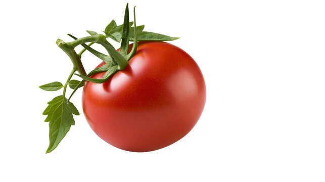 Ripe red tomato with green leaves and stem, isolated on transparent background