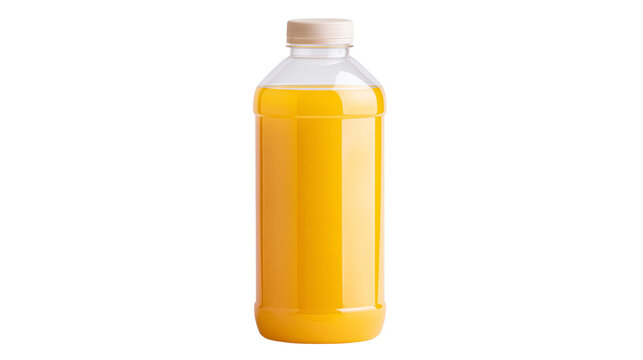Clear plastic bottle filled with bright orange juice, isolated on transparent background