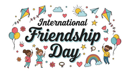 Fototapeta premium International Friendship Day Illustration: A vibrant and playful illustration celebrating International Friendship Day, featuring diverse characters, colorful balloons, kites, rainbows.