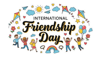 Fototapeta premium International Friendship Day Celebration: A vibrant illustration depicting children of diverse backgrounds joyfully celebrating International Friendship Day with kites, balloons.