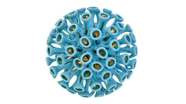 Blue spiky spherical virus particle with gold accents, isolated on transparent background