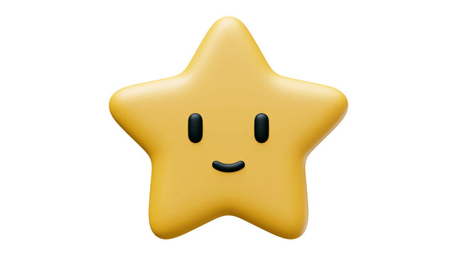 Smiling yellow star character with black eyes and mouth, isolated on transparent background