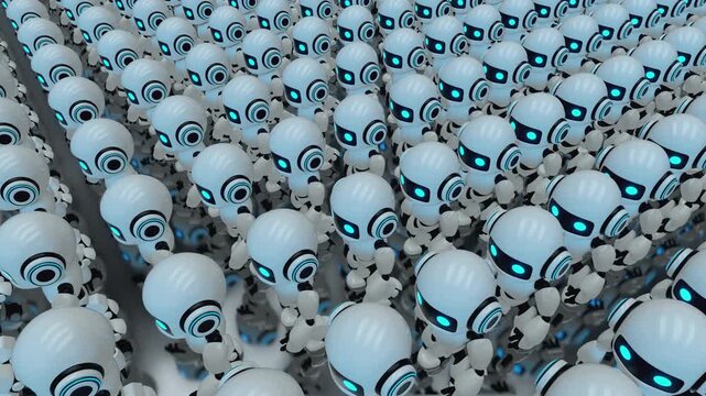 3d loop animation of a cute futuristic robot army walking together in rows. Concept of mass automation, identical artificial intelligence characters, and advanced technology workforce in a sci-fi worl