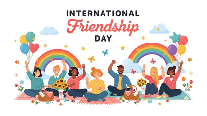Naklejka premium Celebrating International Friendship Day: A vibrant illustration depicts diverse people gathered on a picnic blanket, surrounded by rainbows, balloons, and flowers.