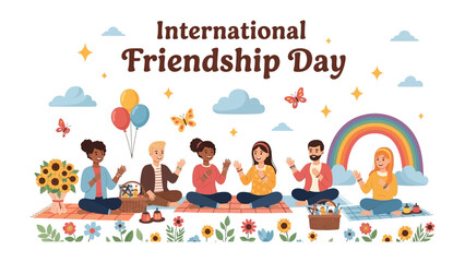Fototapeta premium International Friendship Day Celebration: A diverse group of friends gathers in a picturesque outdoor setting, marked by blooming flowers, colorful balloons, and a vibrant rainbow.