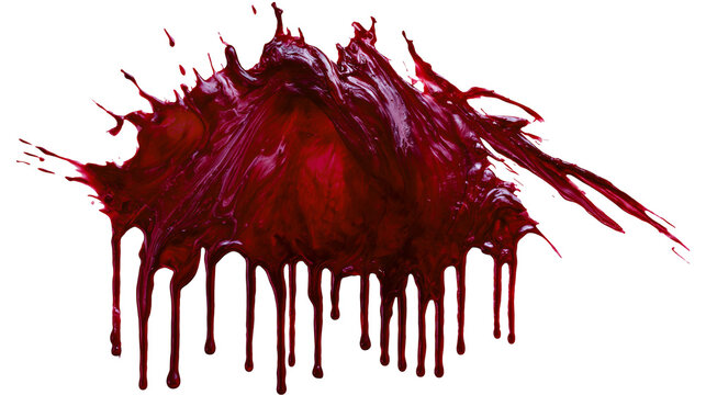 Viscous dark red liquid splash with dripping tendrils, isolated on transparent background