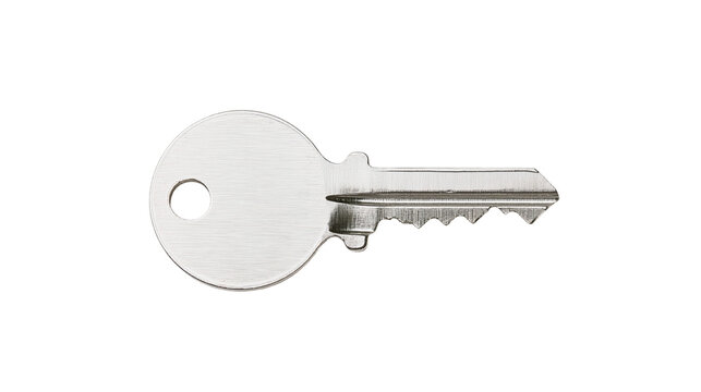 Silver metal house key with serrated edge, isolated on transparent background