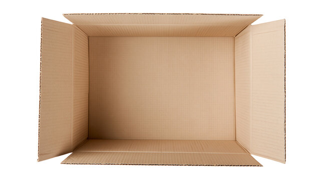 Empty brown cardboard box with open flaps, isolated on transparent background