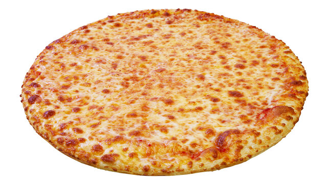 Whole cheese pizza with golden crust, isolated on transparent background