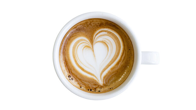 White ceramic cup of latte with heart shape foam art, isolated on transparent background
