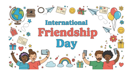 Fototapeta premium International Friendship Day Celebration: A vibrant illustration celebrating International Friendship Day with diverse people taking selfies, paper airplanes, globes, gifts.