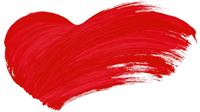 Vibrant red heart shape created with thick paint brush strokes, isolated on transparent background