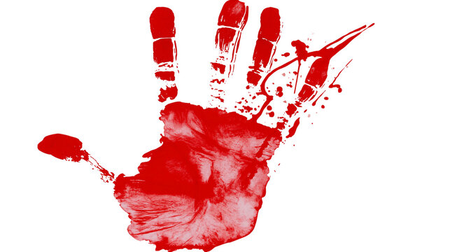 Red bloody handprint with splatters, isolated on transparent background