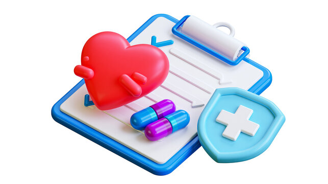 Red heart pills and medical shield on clipboard, isolated on transparent background