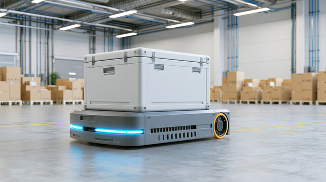 Autonomous warehouse robot transporting an insulated container in a logistics facility