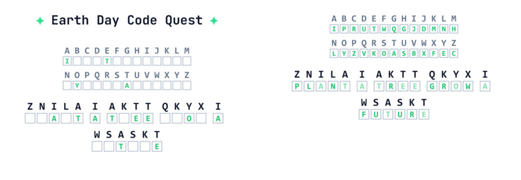 Earth Day code quest worksheet with environmental secret message