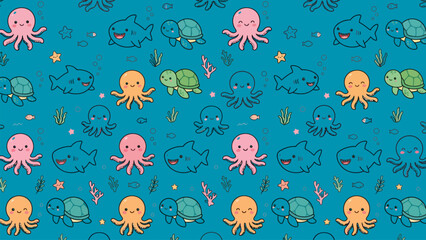 Adorable octopus shark and turtle marine life repeat background © Mr Jasic