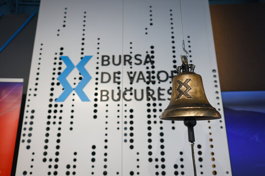 Bucharest Stock Exchange logo and opening bell.