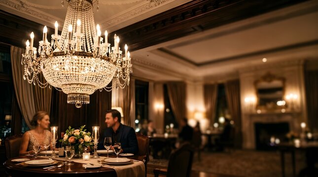 Romantic couple enjoying fine dining in a luxury restaurant interior