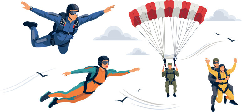 Extreme Skydiving and Parachuting Character Set Featuring Skydivers Freefalling in Jumpsuits Paraglider with Canopy and Tandem Jump Team Vector Illustration