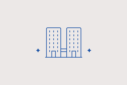 Two parallel multi story apartment buildings line icon for real estate agency, construction company, urban blog. Elegant vector illustration for property services.