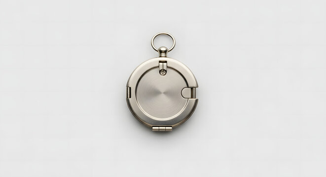 Brushed metallic silver travel compass with closed lid and top hanging ring, top-down view isolated on white background, vintage navigation tool for exploration and adventure.