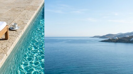 Fototapeta premium Relaxing morning coffee by a luxury infinity pool with ocean views